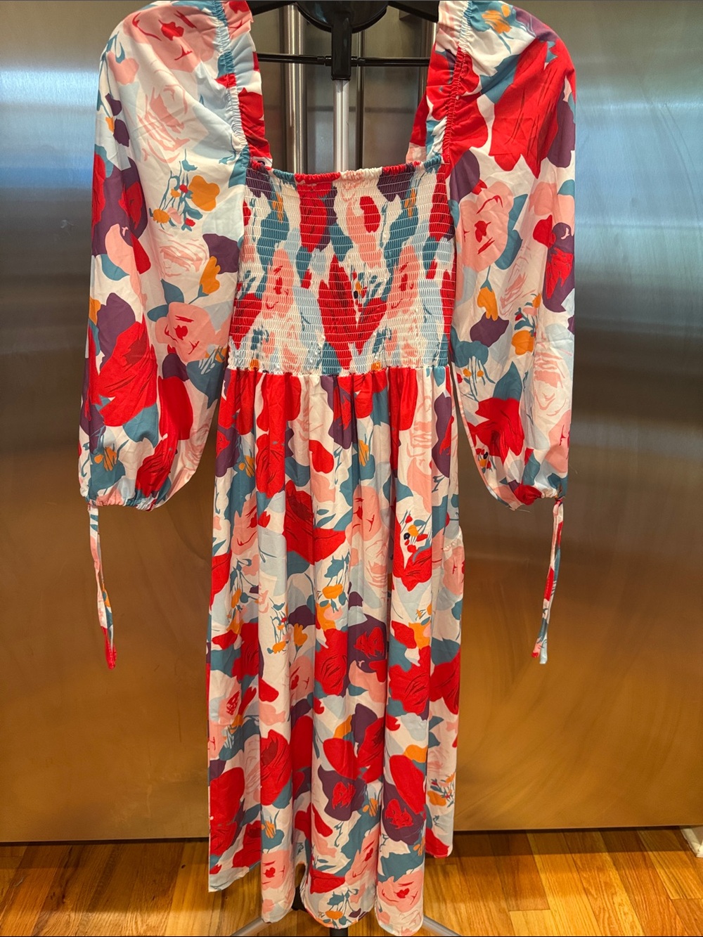 Sunday Up Woman’s Smocked Floral Midi Dress Red Multi